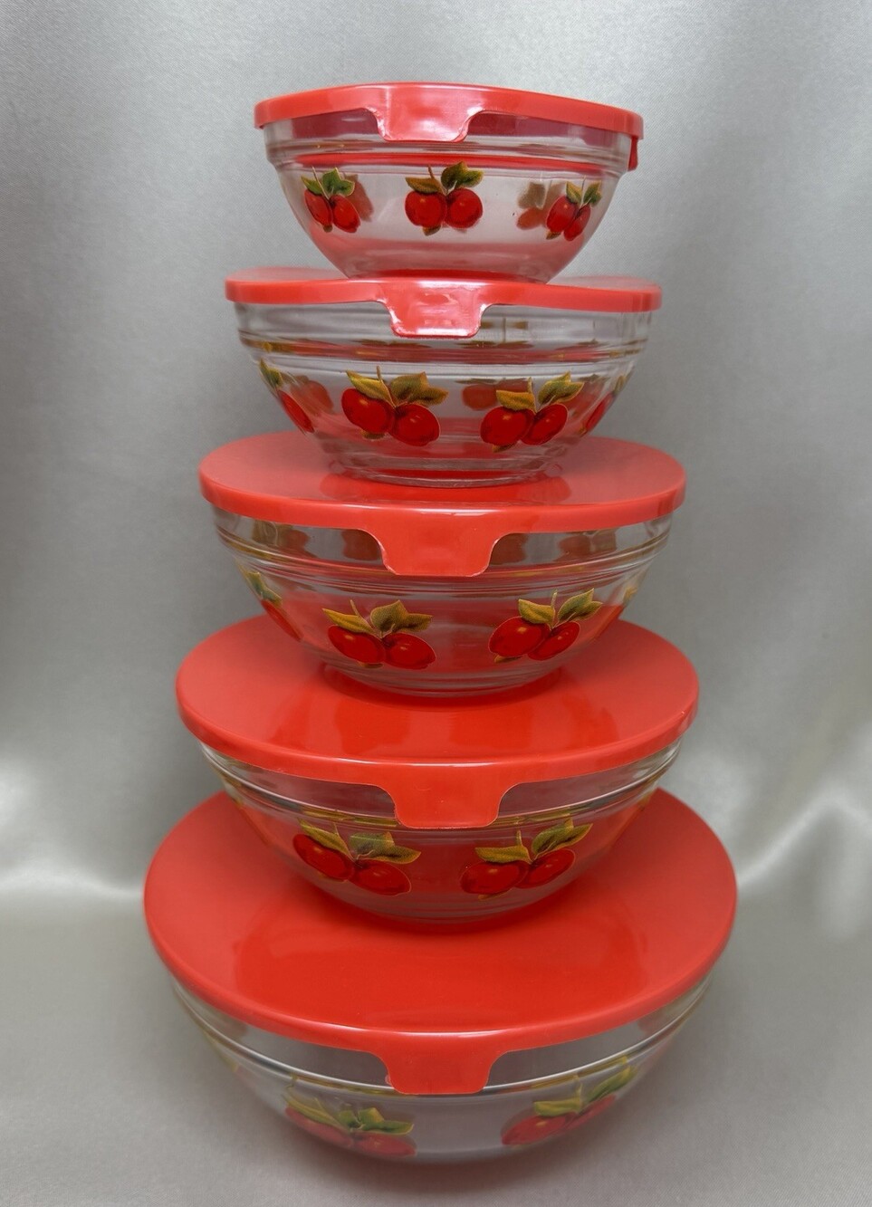 Vintage Cherry Glass Nesting Bowls Set 5 Red Lids Durable Heat Resistant EUC